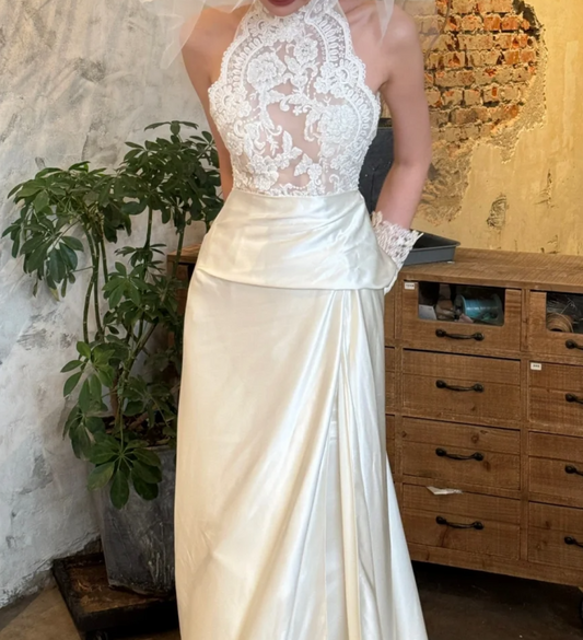 Trendy Halter Neck Wedding Dress Lace Bodice Satin Mermiad Bridal Dress GG6720