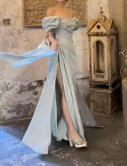 Alluring Off-Shoulder Pastel Blue Prom Dress High Slit Mermaid Evening Dress GG6721