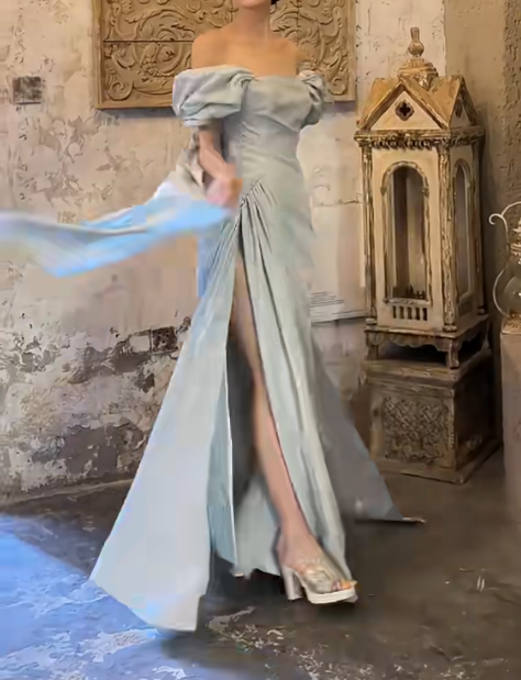 Alluring Off-Shoulder Pastel Blue Prom Dress High Slit Mermaid Evening Dress GG6721