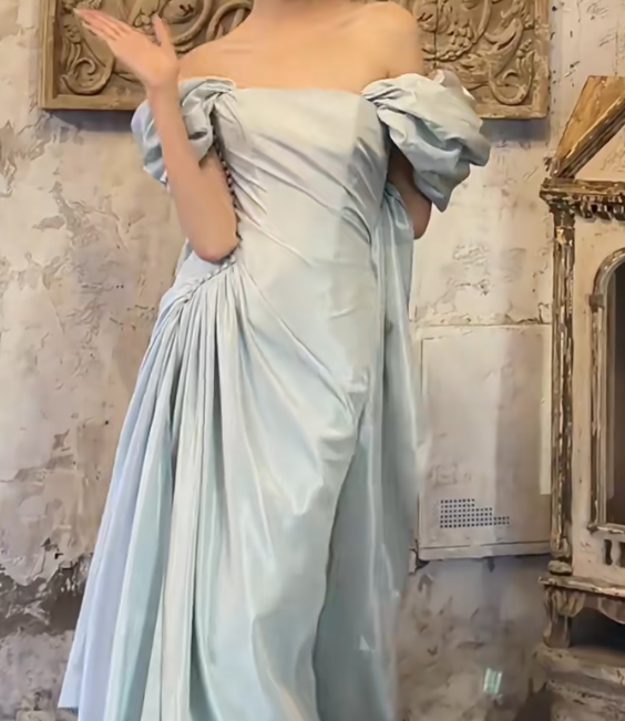 Alluring Off-Shoulder Pastel Blue Prom Dress High Slit Mermaid Evening Dress GG6721