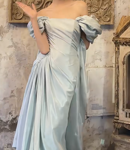 Alluring Off-Shoulder Pastel Blue Prom Dress High Slit Mermaid Evening Dress GG6721