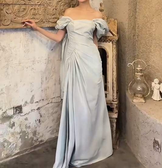 Alluring Off-Shoulder Pastel Blue Prom Dress High Slit Mermaid Evening Dress GG6721