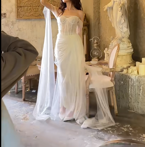 Ornate Off-Shoulder Wedding Dress Beads Tulle Mermiad Bridal Dress GG6723
