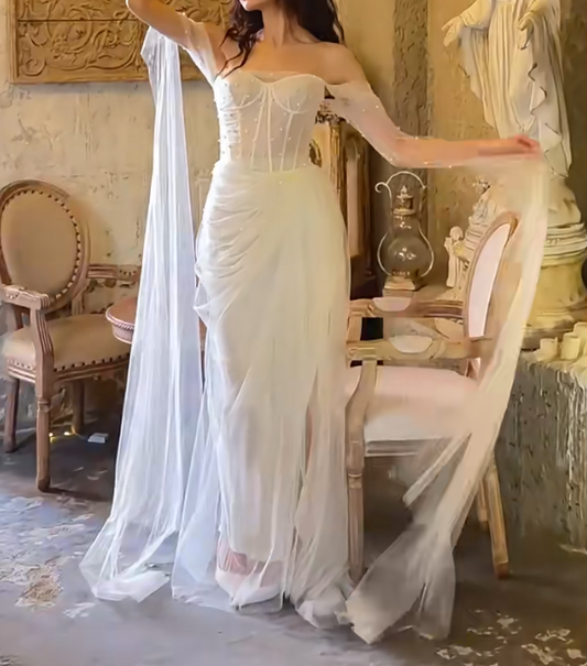Ornate Off-Shoulder Wedding Dress Beads Tulle Mermiad Bridal Dress GG6723