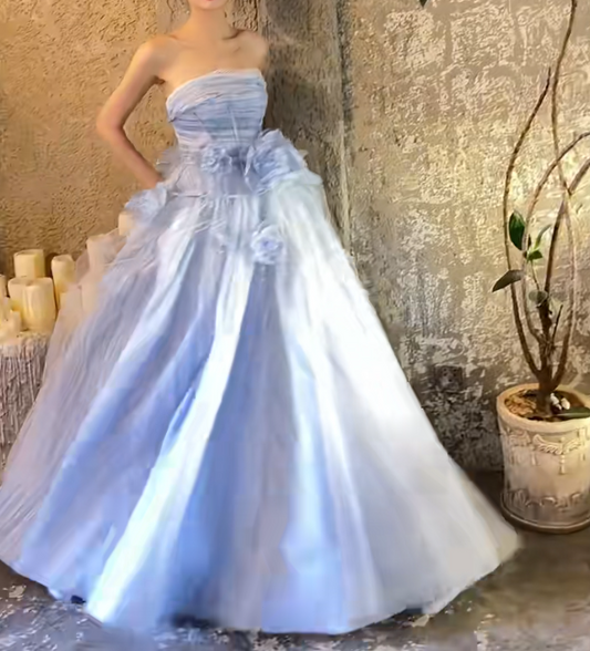 Vintage Strapless Blue Prom Dress 3D Flowers A-Line Evening Dress GG6724