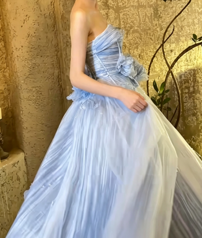 Vintage Strapless Blue Prom Dress 3D Flowers A-Line Evening Dress GG6724