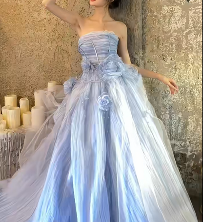 Vintage Strapless Blue Prom Dress 3D Flowers A-Line Evening Dress GG6724