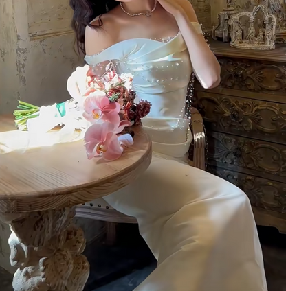 Graceful Off-Shoulder Wedding Dress Beading Ruched Mermaid Bridal Dress GG6726