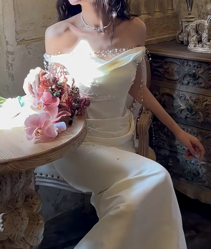 Graceful Off-Shoulder Wedding Dress Beading Ruched Mermaid Bridal Dress GG6726