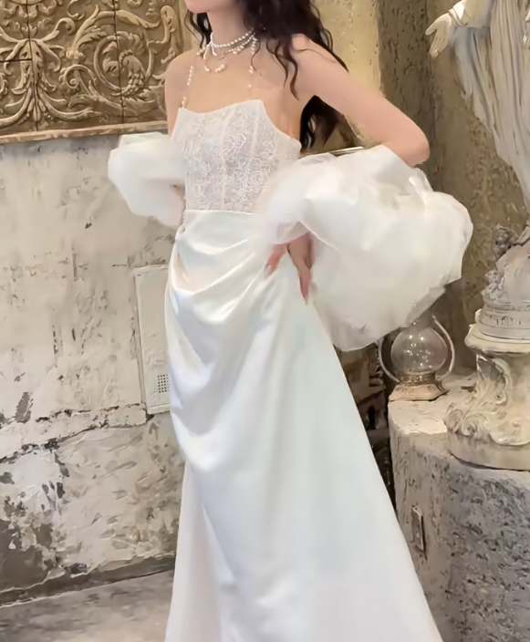 Unique Strapless Draped Wedding Dress Lace Bodice Satin Mermiad Bridal Dress GG6727