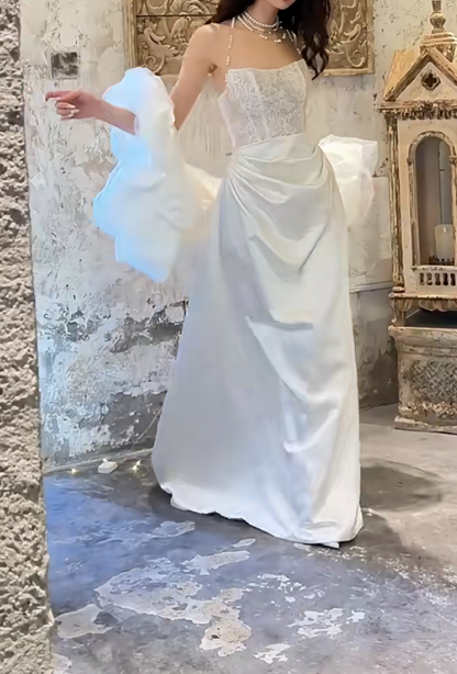 Unique Strapless Draped Wedding Dress Lace Bodice Satin Mermiad Bridal Dress GG6727