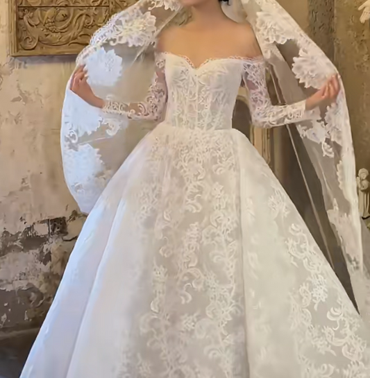 Attractive Off-Shoulder Wedding Dress Appliques Long Sleeve A-Line Bridal Dress GG6728