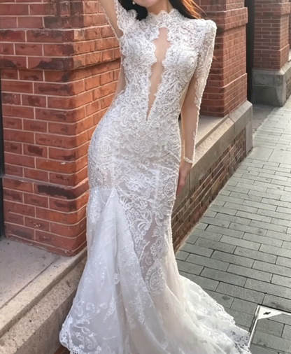 Glamorous High Collar Wedding Dress Long Sleeve Beaded Mermiad Bridal Dress GG6732