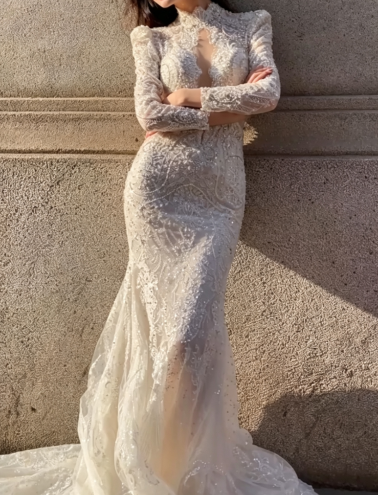 Glamorous High Collar Wedding Dress Long Sleeve Beaded Mermiad Bridal Dress GG6732