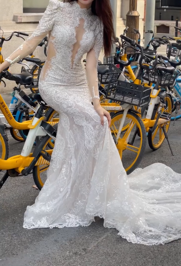Glamorous High Collar Wedding Dress Long Sleeve Beaded Mermiad Bridal Dress GG6732