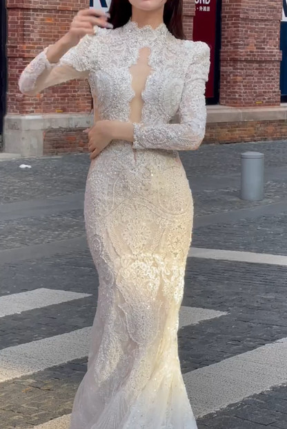Glamorous High Collar Wedding Dress Long Sleeve Beaded Mermiad Bridal Dress GG6732