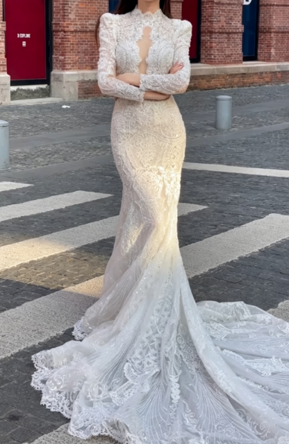 Glamorous High Collar Wedding Dress Long Sleeve Beaded Mermiad Bridal Dress GG6732