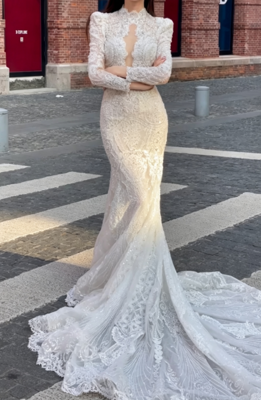 Glamorous High Collar Wedding Dress Long Sleeve Beaded Mermiad Bridal Dress GG6732