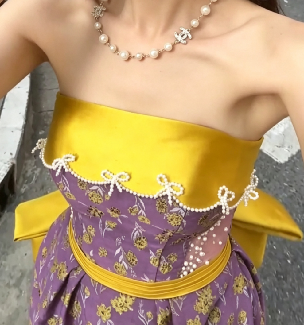 Retro Strapless Floral Purple Prom Dress Beaded Bows Sheath Evening Dress GG6733