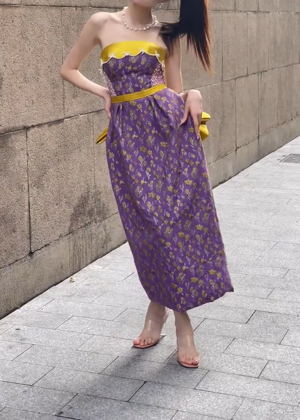 Retro Strapless Floral Purple Prom Dress Beaded Bows Sheath Evening Dress GG6733