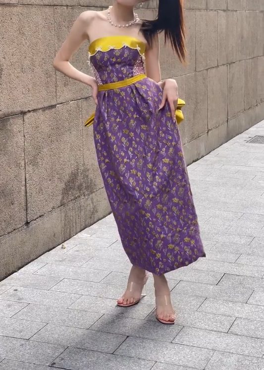 Retro Strapless Floral Purple Prom Dress Beaded Bows Sheath Evening Dress GG6733