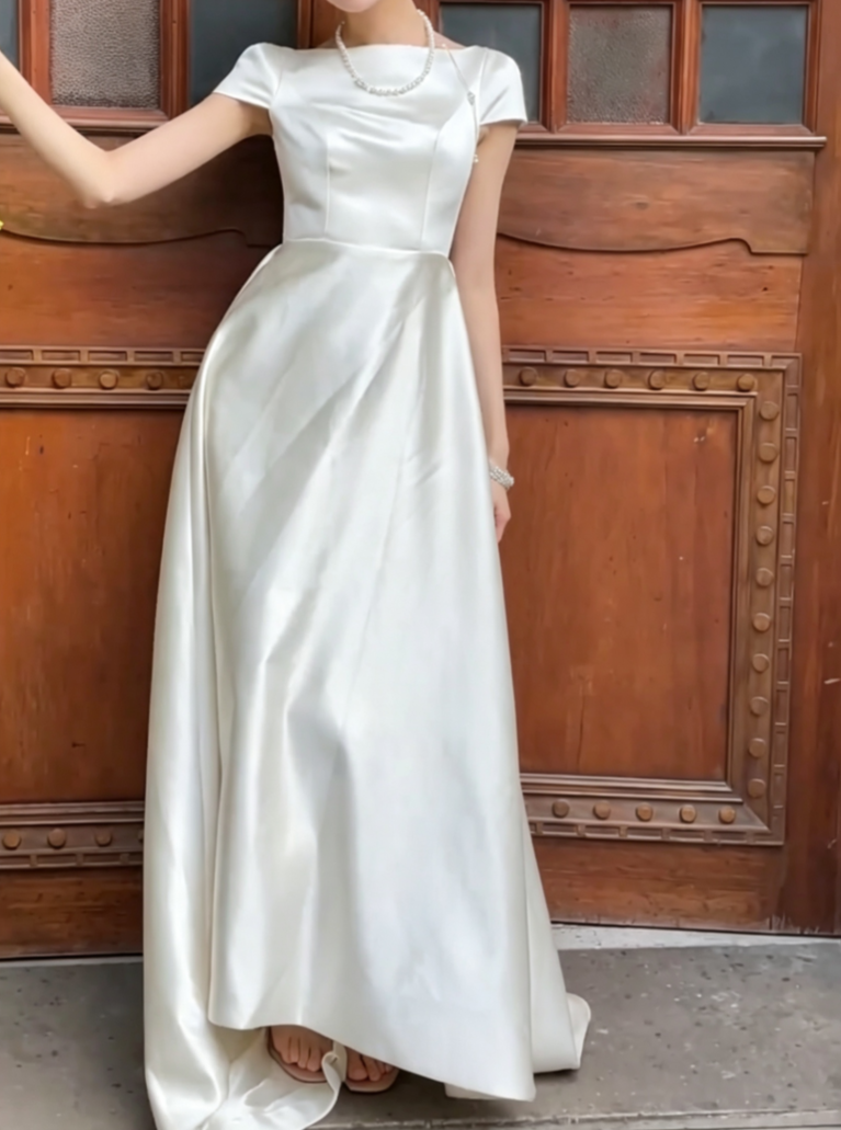 Simple Short Sleeve Wedding Dress Satin A-Line Bridal Dress GG6735