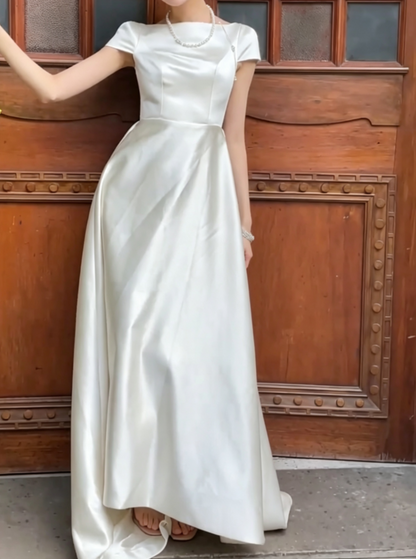 Simple Short Sleeve Wedding Dress Satin A-Line Bridal Dress GG6735