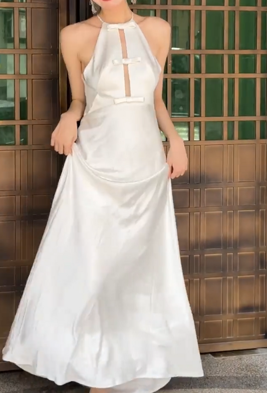 Trendy Halter Neck Wedding Dress Bows Satin Mermiad Bridal Dress GG6736