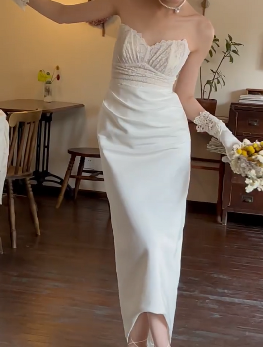 Chic Strapless Wedding Dress Lace Satin Sheath Bridal Dress GG6740
