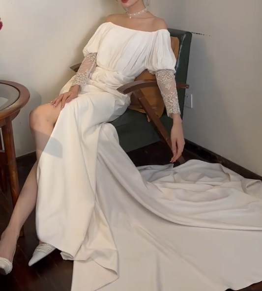 Vintage Off-Shoulder Slit Wedding Dress Long Sleeve Mermiad Bridal Dress GG6741