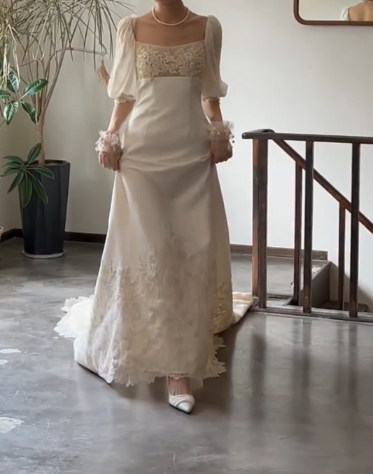 Lovely Square Neck Appliques Wedding Dress Short Sleeve A-Line Bridal Dress GG6742