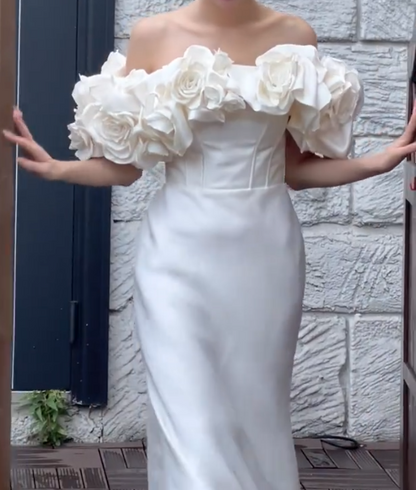 Sleek Off-Shoulder Ivory Wedding Dress Handmade Flowers Mermiad Bridal Dress GG6744