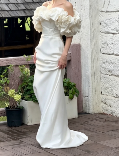 Sleek Off-Shoulder Ivory Wedding Dress Handmade Flowers Mermiad Bridal Dress GG6744