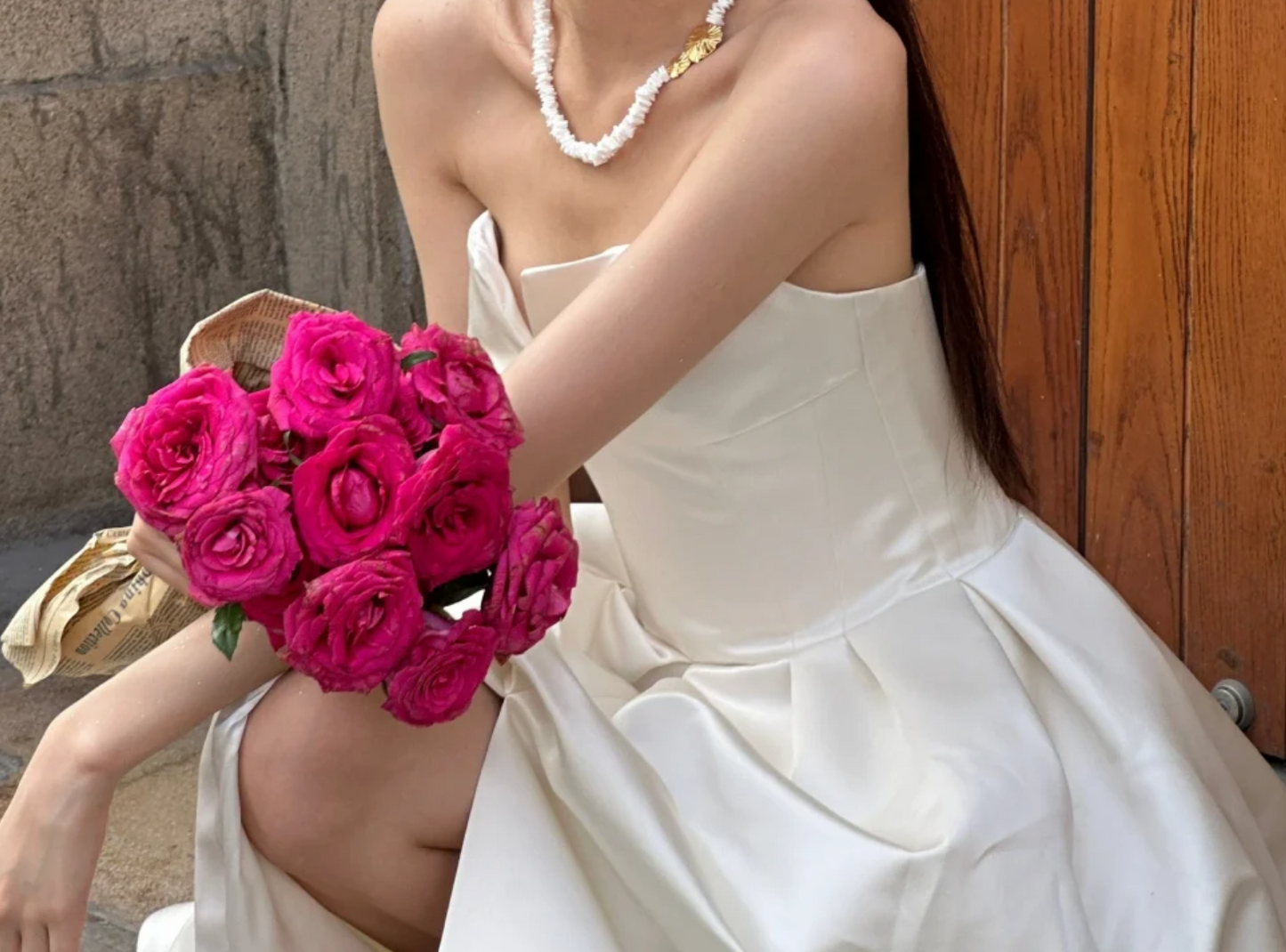 Simple Strapless Wedding Dress Slit Satin A-Line Bridal Dress GG6746