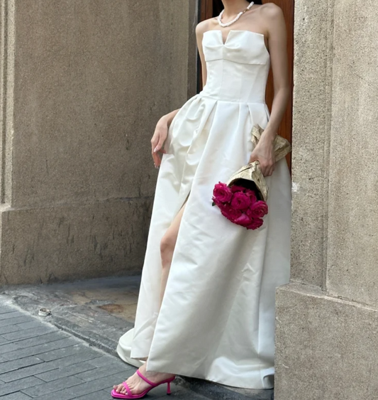 Simple Strapless Wedding Dress Slit Satin A-Line Bridal Dress GG6746