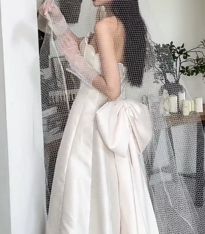 Glam Strapless Bow Wedding Dress Satin Beads A-Line Bridal Dress GG6750