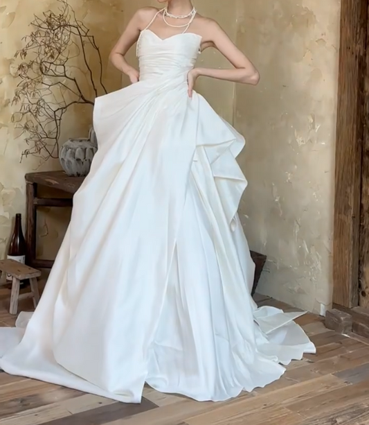 Chic Strapless Ruffles Wedding Dress Satin A-Line Bridal Dress GG6751
