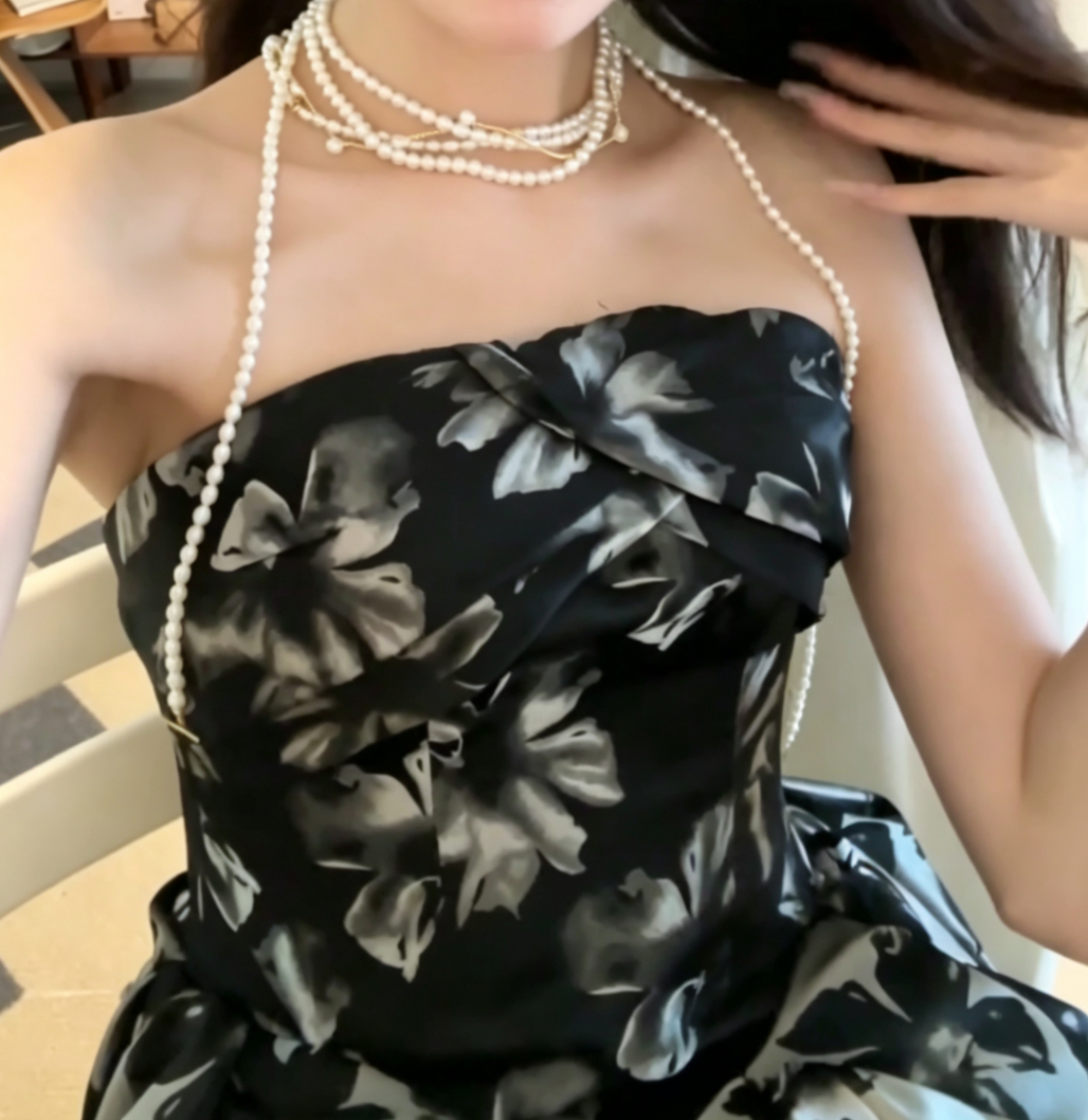 Sleek Strapless Floral Prom Dress Black A-Line Evening Dress GG6752