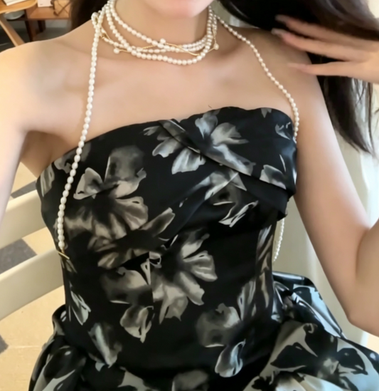 Sleek Strapless Floral Prom Dress Black A-Line Evening Dress GG6752
