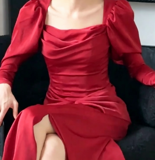Sexy Red Slit Prom Dress Long Sleeve Mermaid Evening Dress GG6753