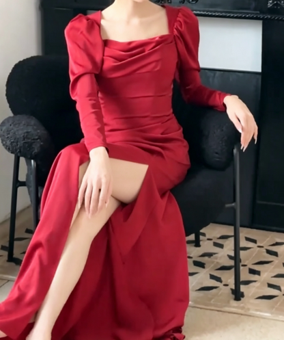 Sexy Red Slit Prom Dress Long Sleeve Mermaid Evening Dress GG6753
