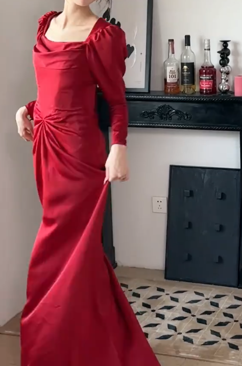 Sexy Red Slit Prom Dress Long Sleeve Mermaid Evening Dress GG6753