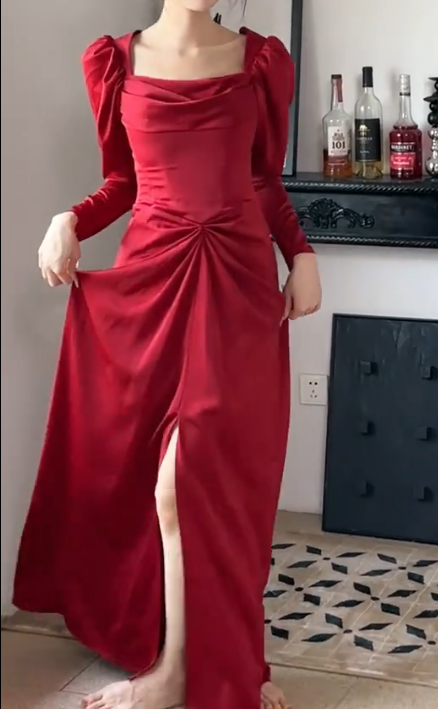 Sexy Red Slit Prom Dress Long Sleeve Mermaid Evening Dress GG6753