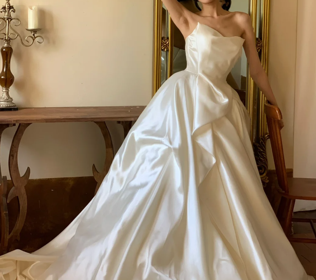 Lustrous Strapless Wedding Dress Satin A-Line Bridal Dress GG6757
