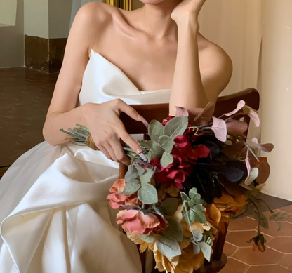 Lustrous Strapless Wedding Dress Satin A-Line Bridal Dress GG6757