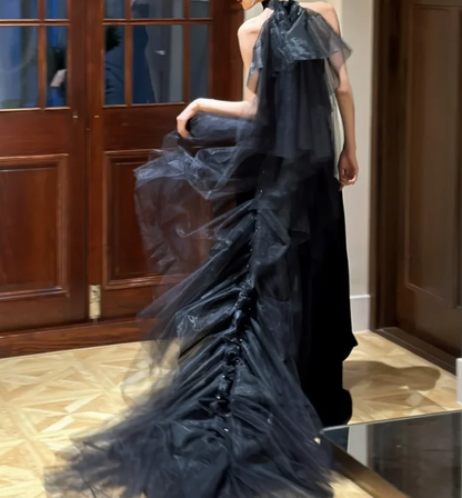 Chic Halter Neck Black Prom Dress Slit Mermaid Evening Dress GG6759