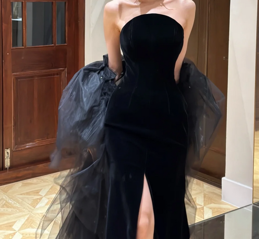 Chic Halter Neck Black Prom Dress Slit Mermaid Evening Dress GG6759