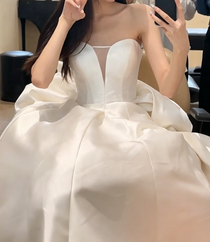 Simple Strapless Wedding Dress Satin A-Line Bridal Dress GG6761