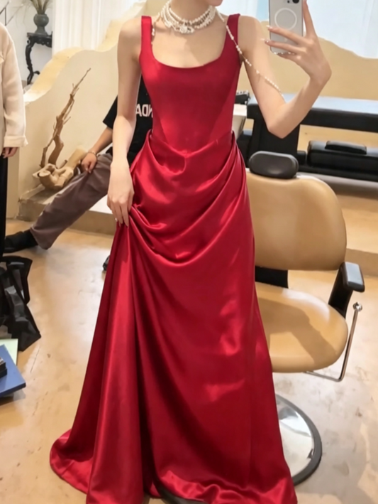 Sleek Spaghetti Straps Red Prom Dress Draped Satin A-Line Evening Dress GG6763