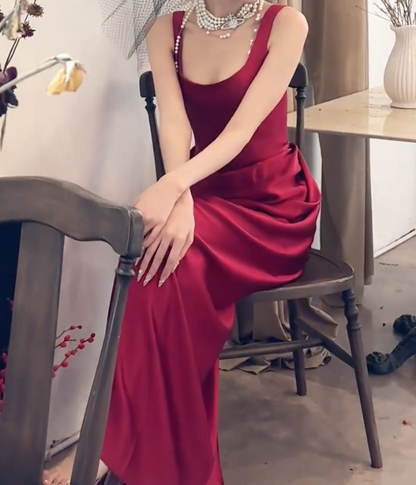Sleek Spaghetti Straps Red Prom Dress Draped Satin A-Line Evening Dress GG6763
